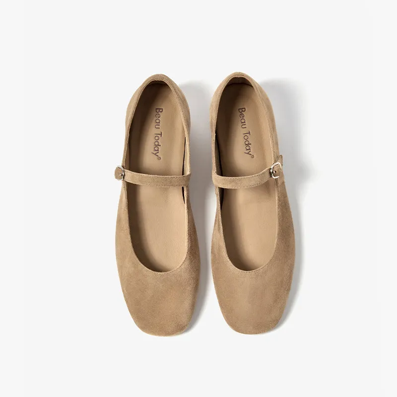 BeauToday Retro Suede Round Toe Mary Janes Flat with Buckle Strap for Women