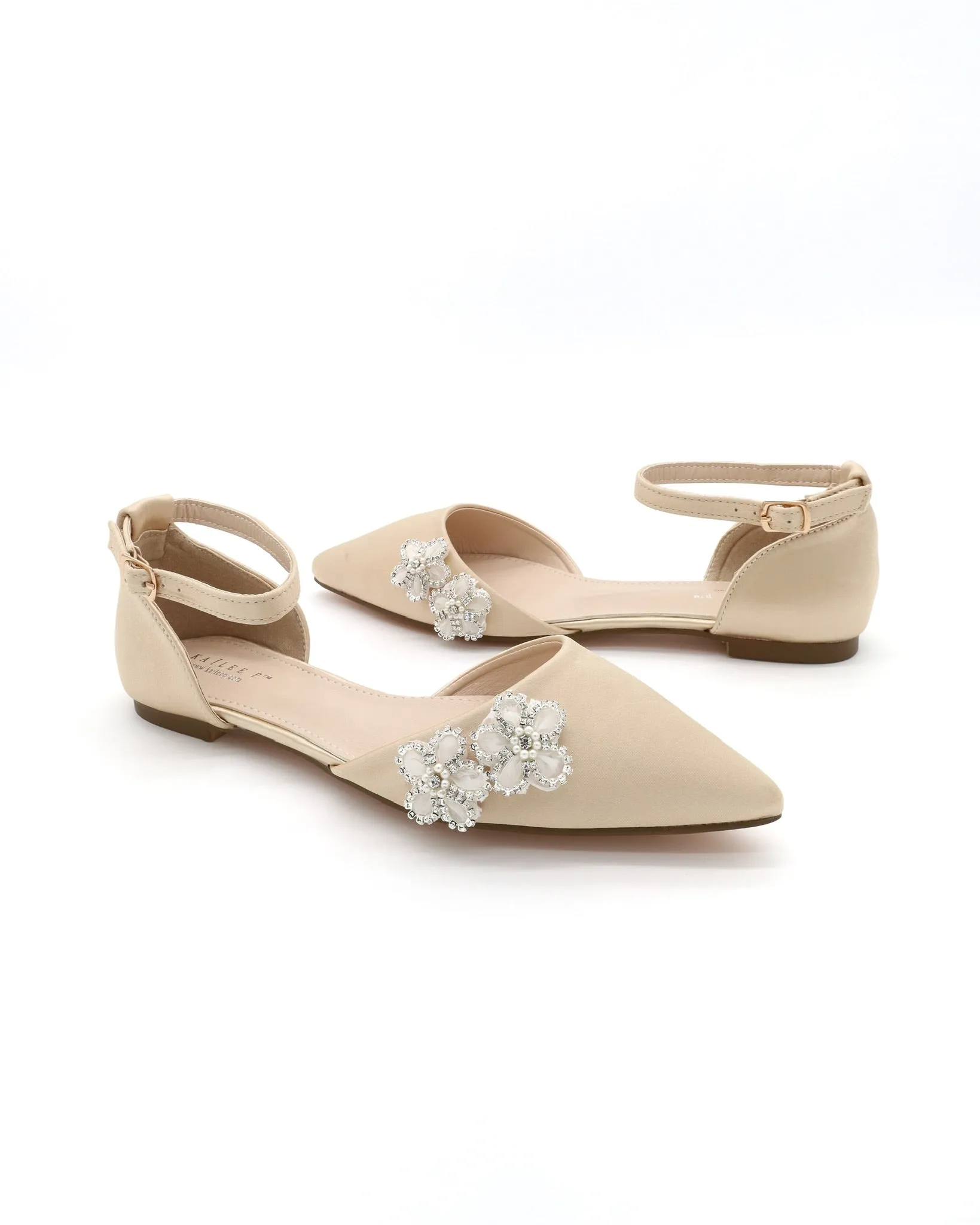 Satin Pointy Toe Evening Flats with Rhinestones Chassia Flower