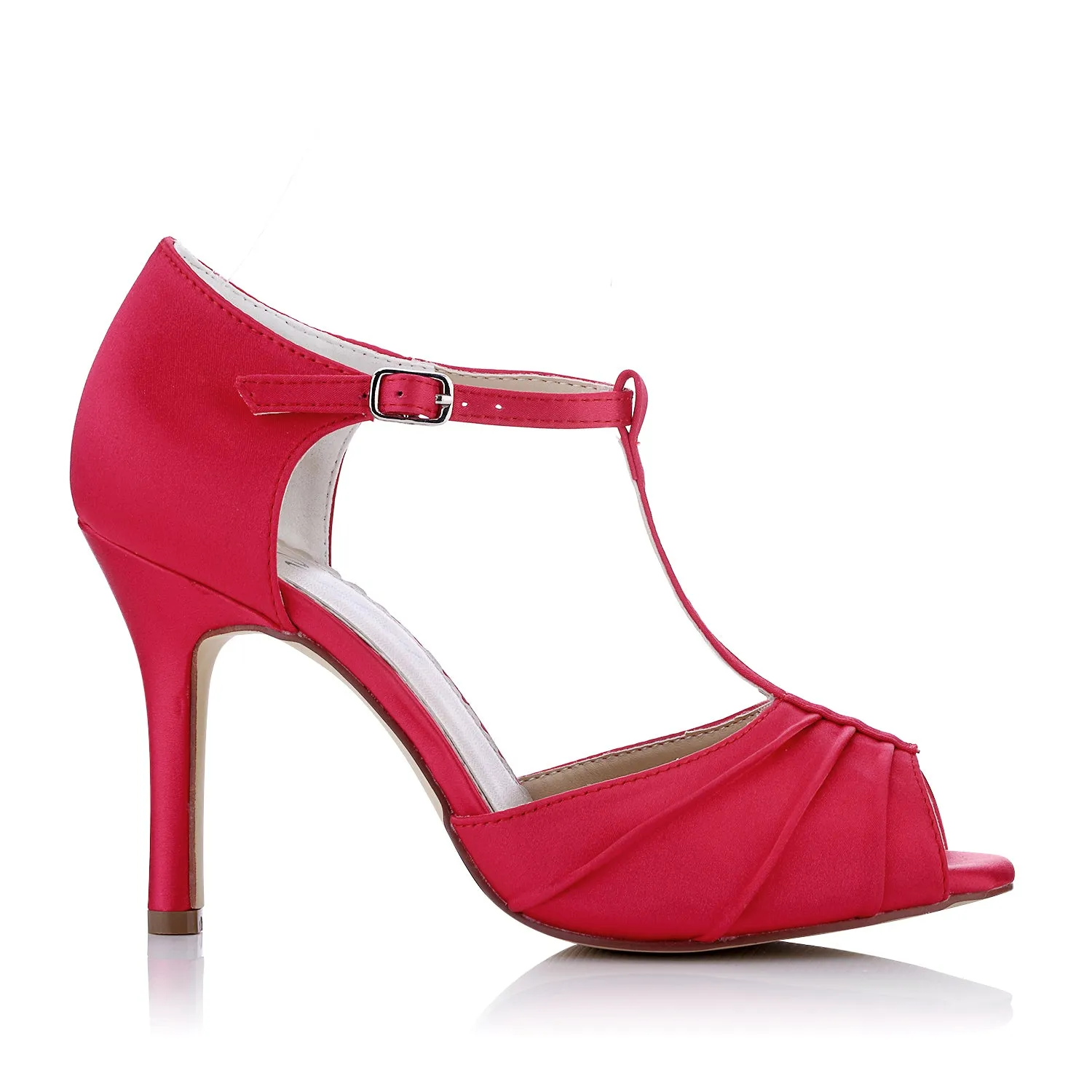 Women's Bridal Shoes 3.5" Peep Toe High Heel T-Strap Ruffles Satin Pumps Wedding Shoes