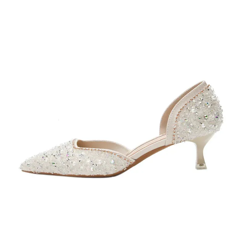 Women's Crystal Pointed Toe Medium Heel Pumps